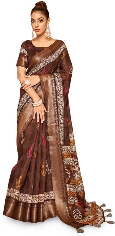 Woven Chanderi Cotton Blend Saree  (Brown)