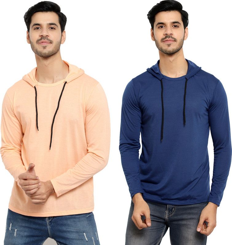 Pack of 2 Men Solid Hooded Neck Cotton Blend Light Blue, Beige T-Shirt