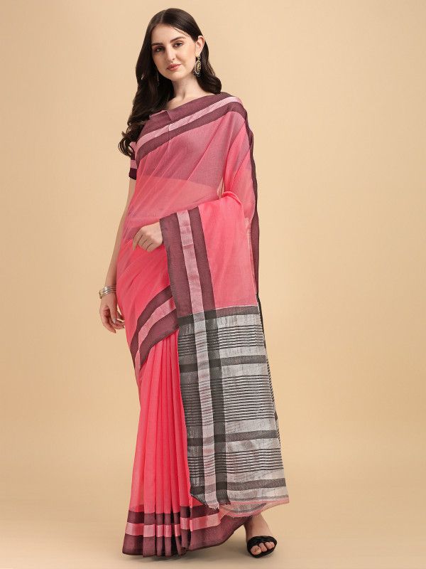 Woven Banarasi Cotton Linen Saree  (Pink)