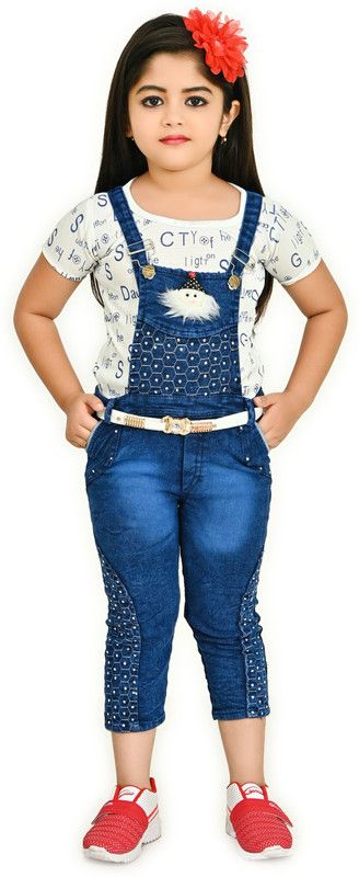 Dungaree For Girls Party Printed Denim Blend  (White, Pack of 1)