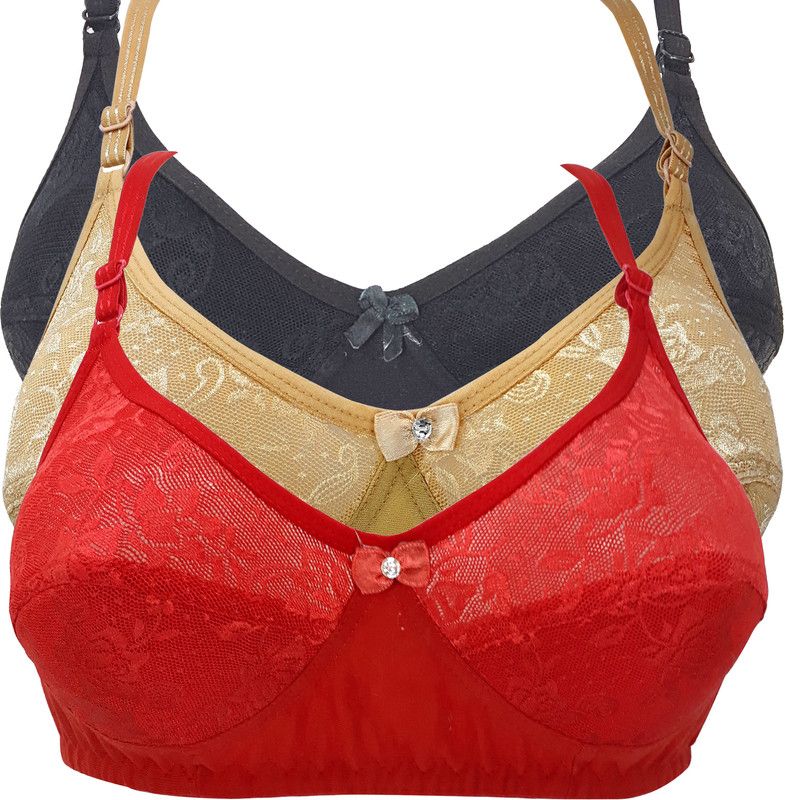 Pack of 3 Women Bralette Bra  (Red, Black, Beige)