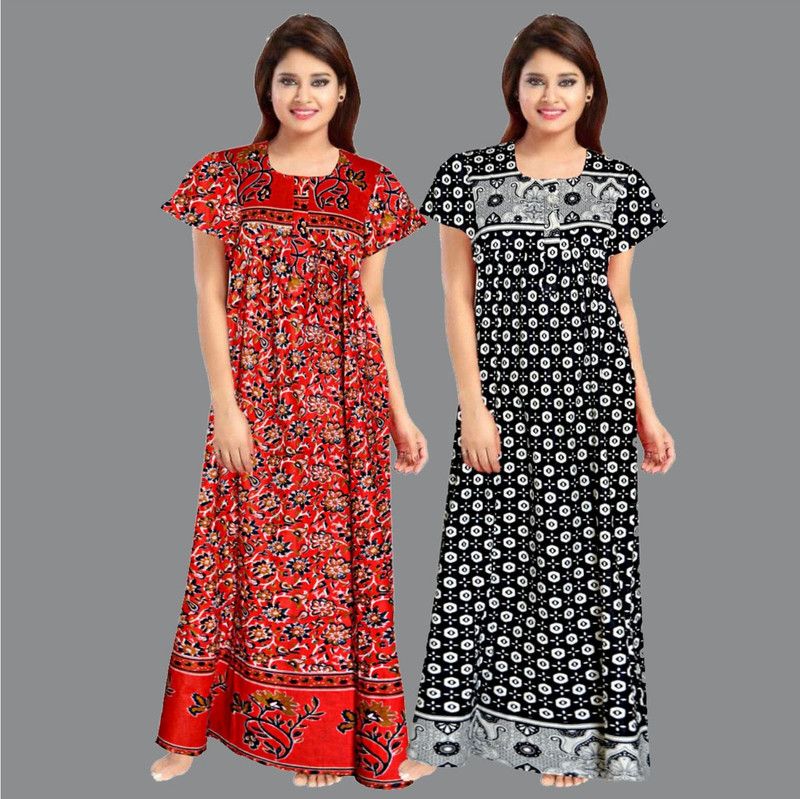 Pack of 2 Women Nighty  (Red, White)