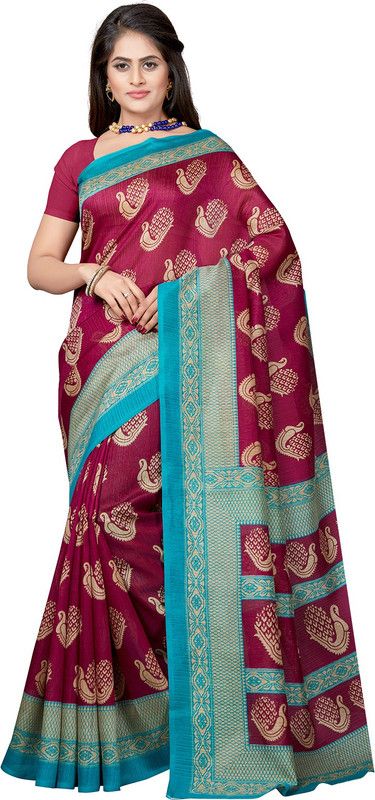 Printed Kota Doria Silk Blend Saree  (Maroon)