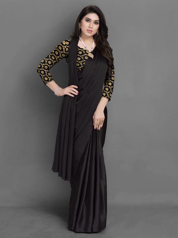 Solid/Plain Banarasi Satin Saree  (Black)