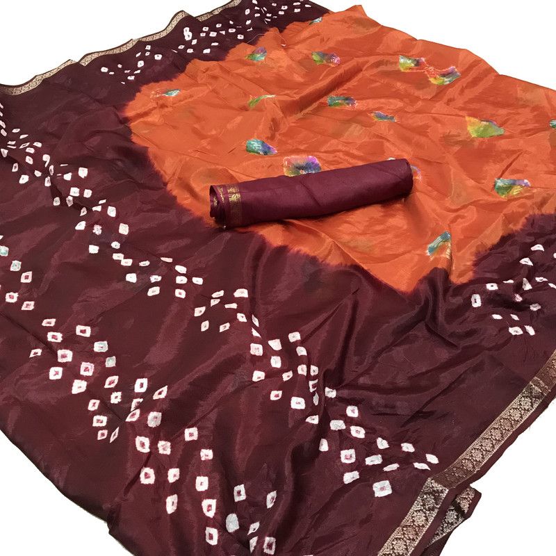 Bandhani Cotton Jute Saree  (Maroon, Orange)