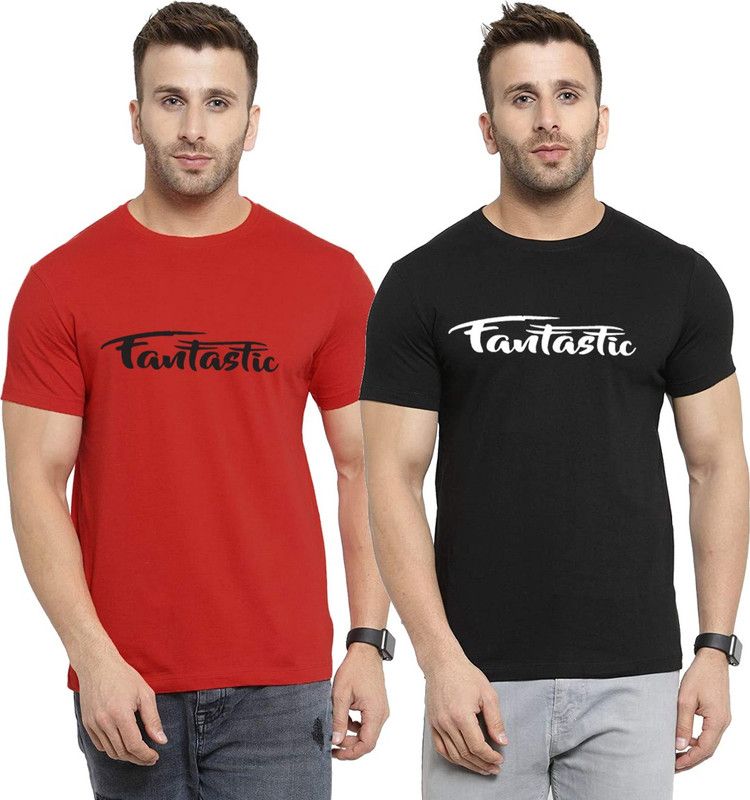 Pack of 2 Men Typography Round Neck Cotton Blend Red, Black T-Shirt