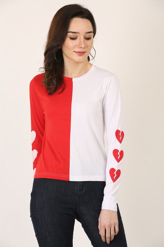 Women Colorblock Round Neck Cotton Blend Red, White T-Shirt