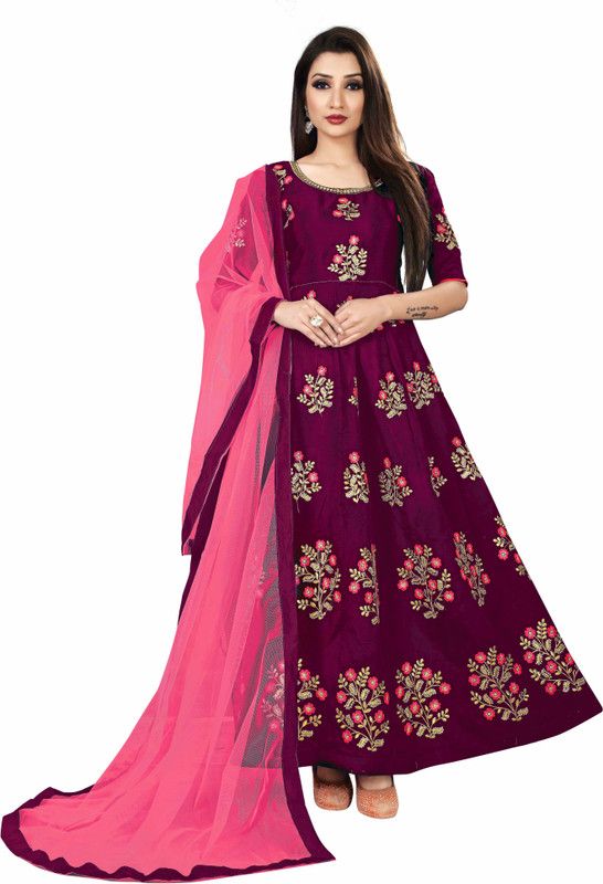 Silk Blend Semi Stitched Anarkali Gown  (Purple)