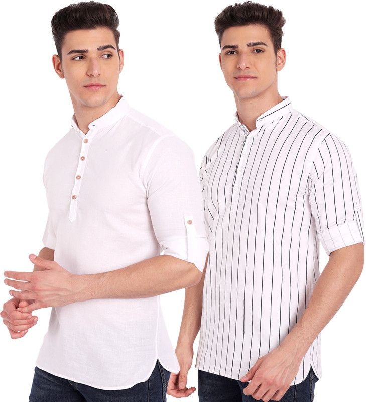Pack of 2 Men Striped Pure Cotton Straight Kurta  (White)