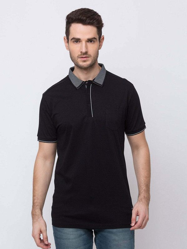 Men Striped Polo Neck Poly Cotton Black T-Shirt