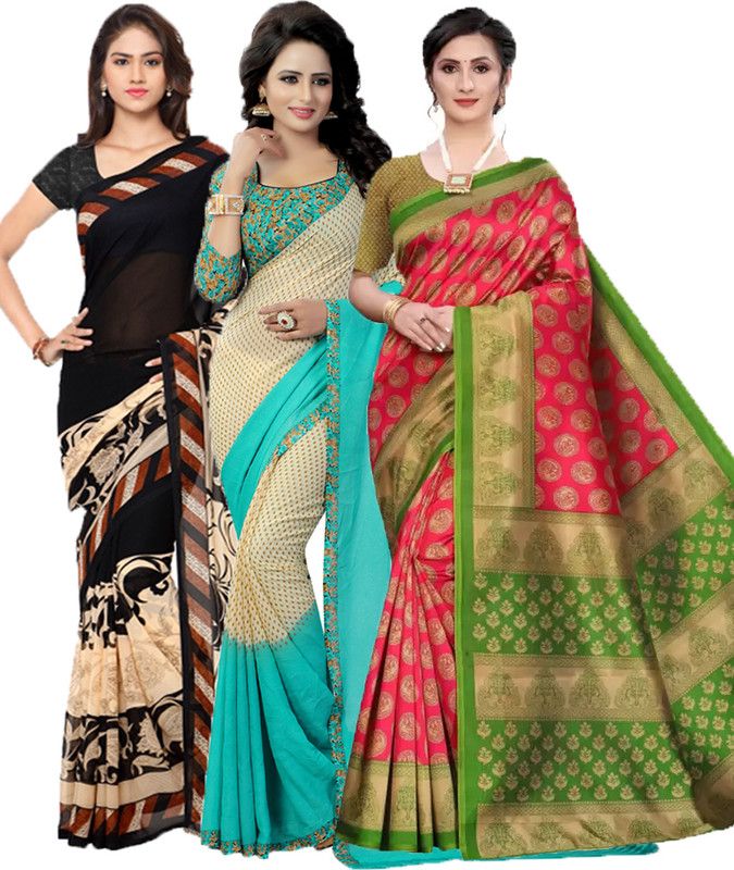 Geometric Print Bollywood Georgette Saree  (Pack of 3, Black, Light Green, Pink)