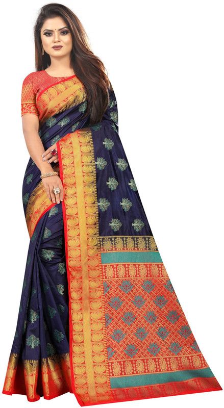 Self Design Kanjivaram Jacquard, Art Silk Saree  (Dark Blue)