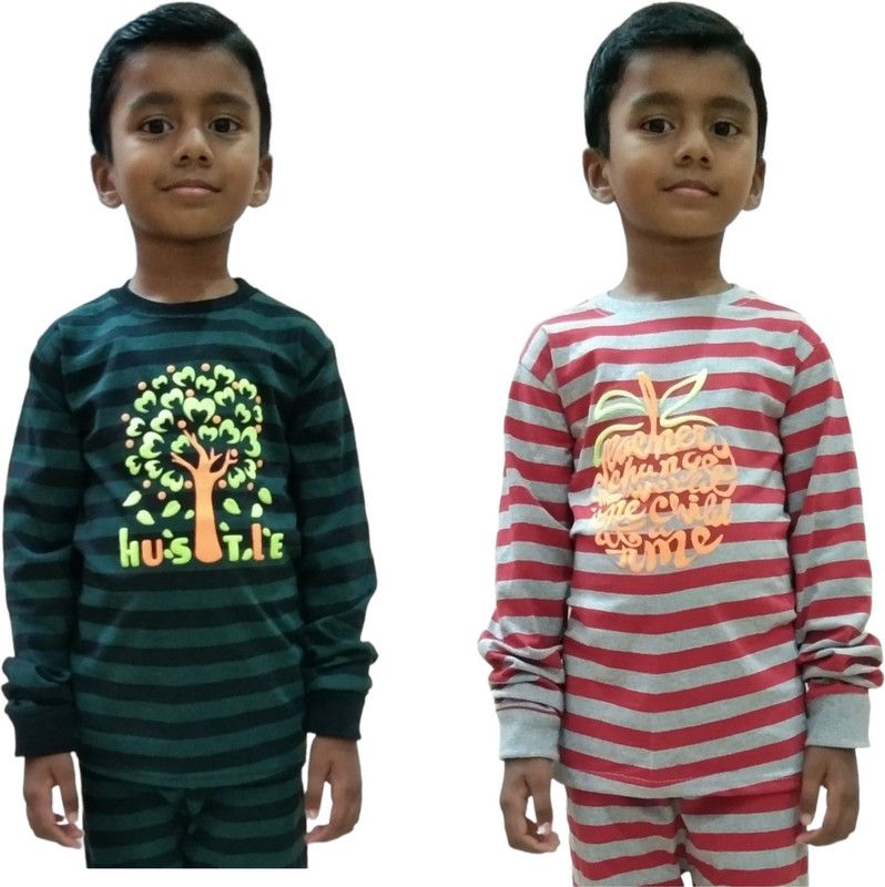 Boys & Girls Striped Cotton Blend T Shirt  (Dark Green, Pack of 2)