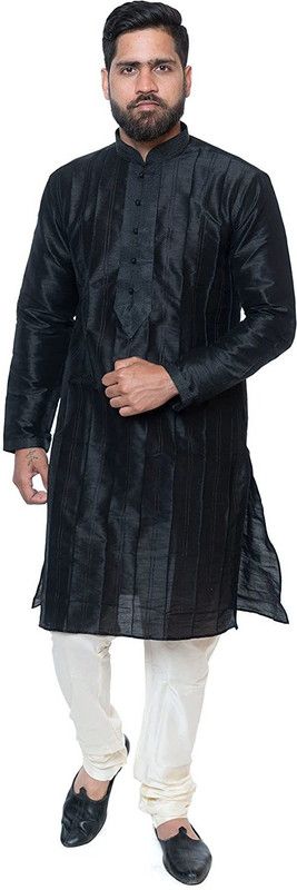 Men Self Design Pure Silk Straight Kurta  (Black)
