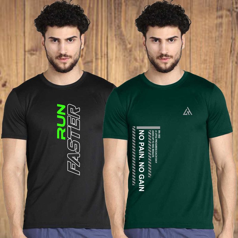 Printed Men Black, Green T-Shirt  (Pack of 2)