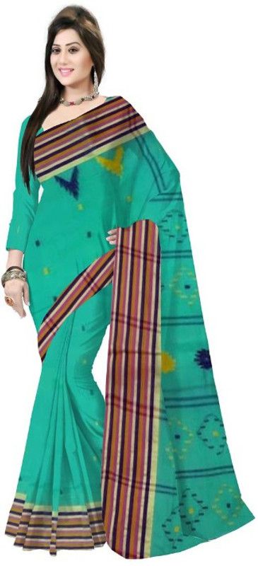 Striped Tant Pure Cotton Saree  (Green)