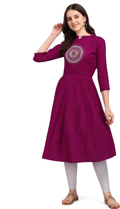 Women Embroidered Cotton Linen A-line Kurta  (Purple)