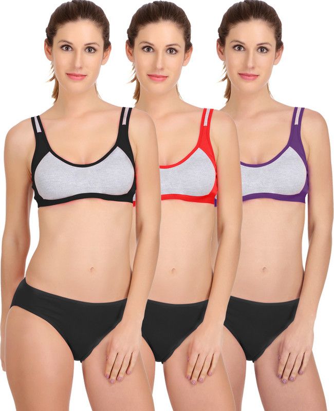 Bra & Panty Set Solid Black, Red, Purple Lingerie Set