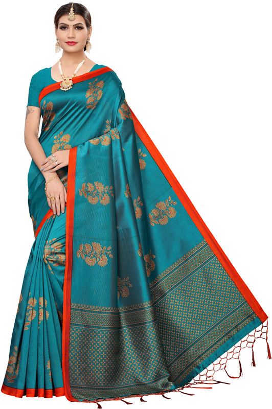 Self Design, Printed, Floral Print Mysore Art Silk Saree  (Light Blue)