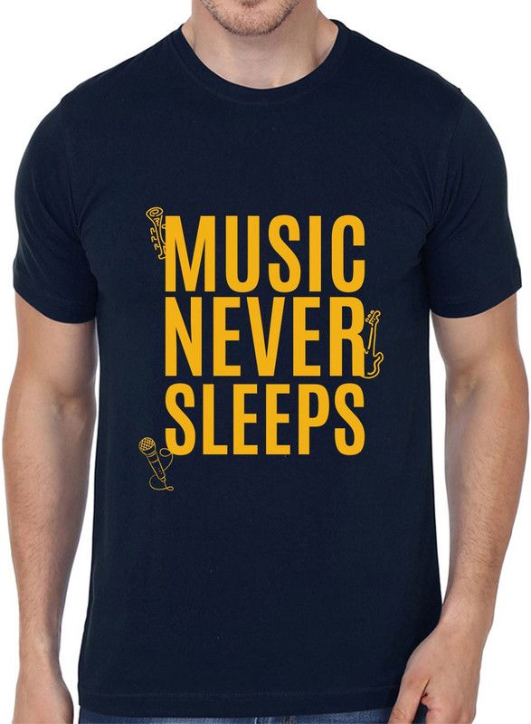Men Printed Round Neck Cotton Blend Dark Blue, Gold T-Shirt