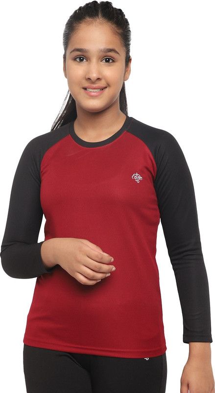 Girls Colorblock Polycotton T Shirt  (Maroon, Pack of 1)
