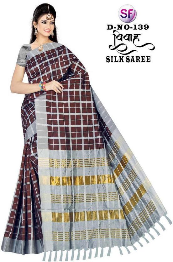Checkered Bollywood Art Silk Saree  (Brown)