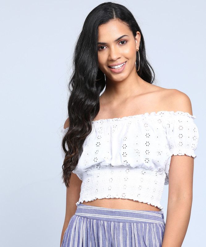 Casual Puff Sleeves Laser Cut Women White Top