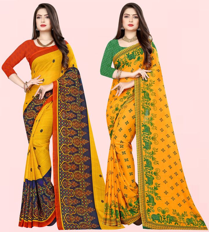 Daily Wear Georgette Saree  (Pack of 2, Green, Yellow)