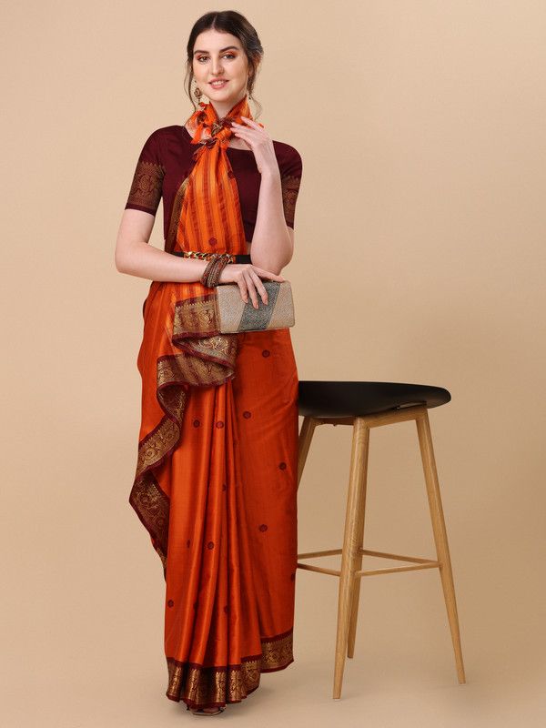 Self Design, Color Block, Woven Bollywood Cotton Blend Saree  (Orange)