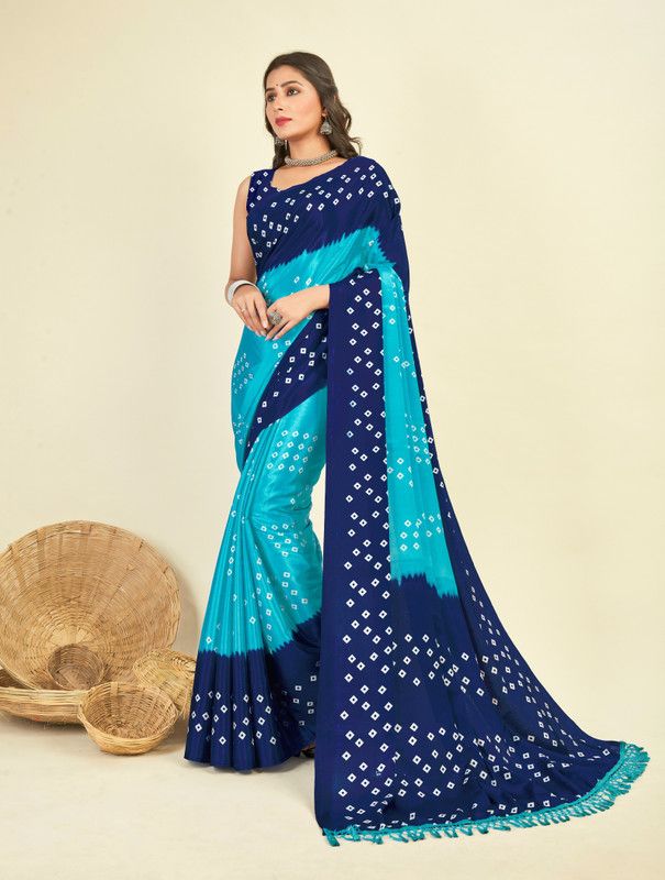 Printed, Geometric Print, Embellished Bandhani Silk Blend Saree  (Dark Blue, Light Blue)