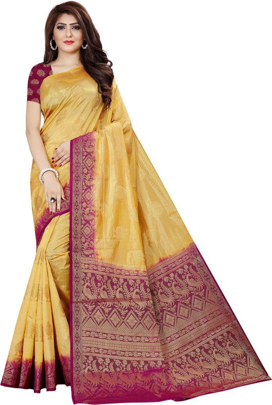 Self Design Kanjivaram Cotton Blend Saree  (Yellow)