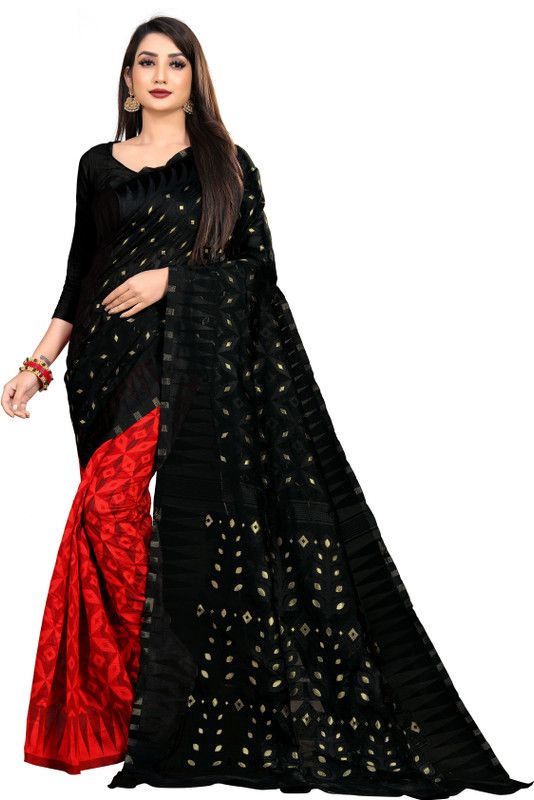 Woven Chanderi Pure Cotton Saree  (Red, Black)