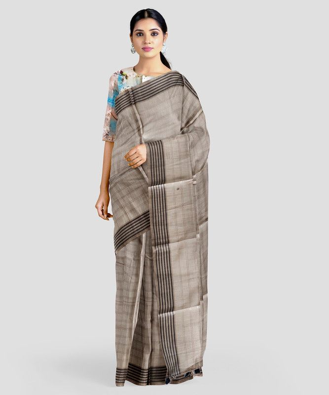 Striped, Woven Bollywood Cotton Linen Saree  (Beige)