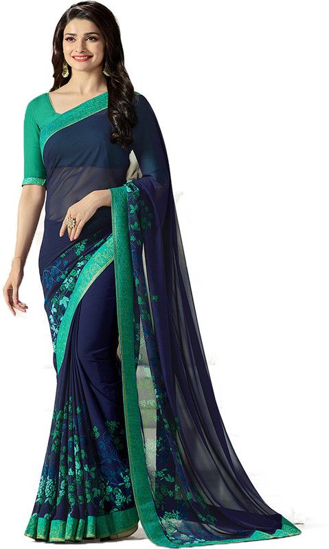 Printed, Self Design, Ombre, Geometric Print, Floral Print, Checkered, Solid/Plain Bollywood Georgette, Chiffon Saree  (Light Blue, Blue)