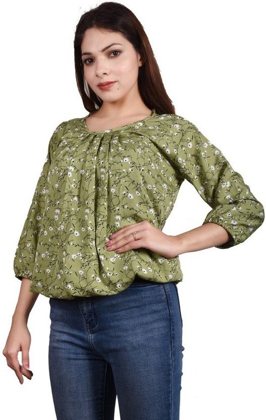 Casual Puff Sleeves Floral Print Women Light Green Top