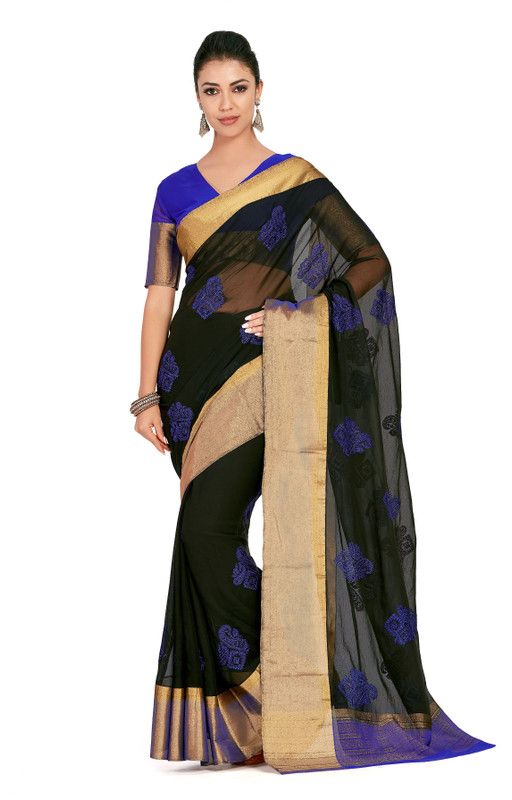 Embroidered Narayanpet Chiffon Saree  (Black)