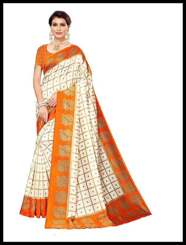 Printed Fashion Art Silk Saree  (Orange, White)