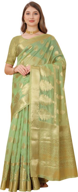 Woven Bollywood Organza Saree  (Light Green)