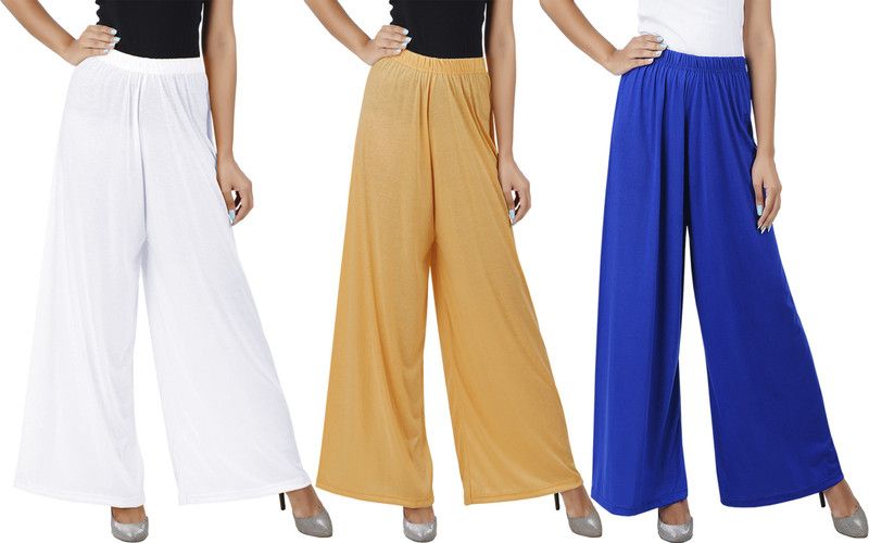 Pack of 3 Women Flared White, Brown, Blue Cotton Blend Trousers
