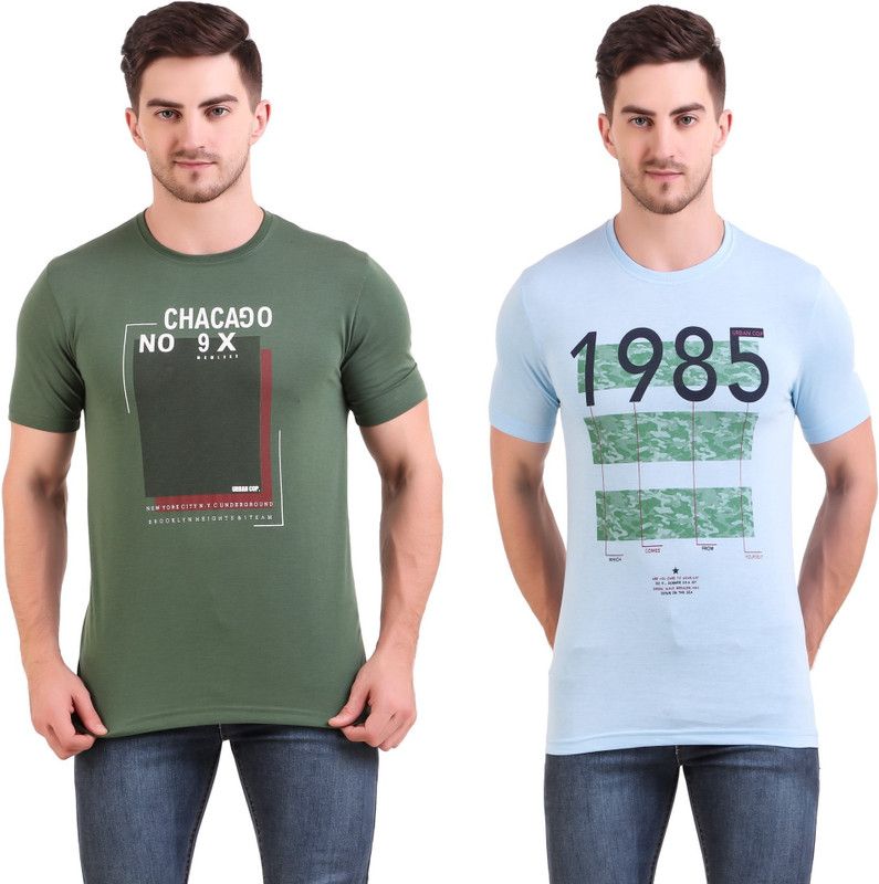 Pack of 2 Men Printed Round Neck Cotton Blend Light Blue, Green T-Shirt