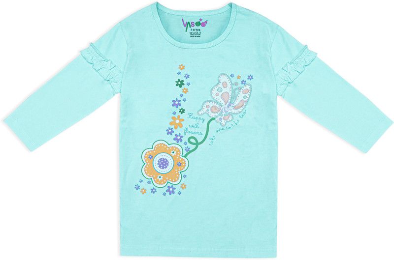 Girls Floral Print Cotton Blend T Shirt  (Light Blue, Pack of 1)
