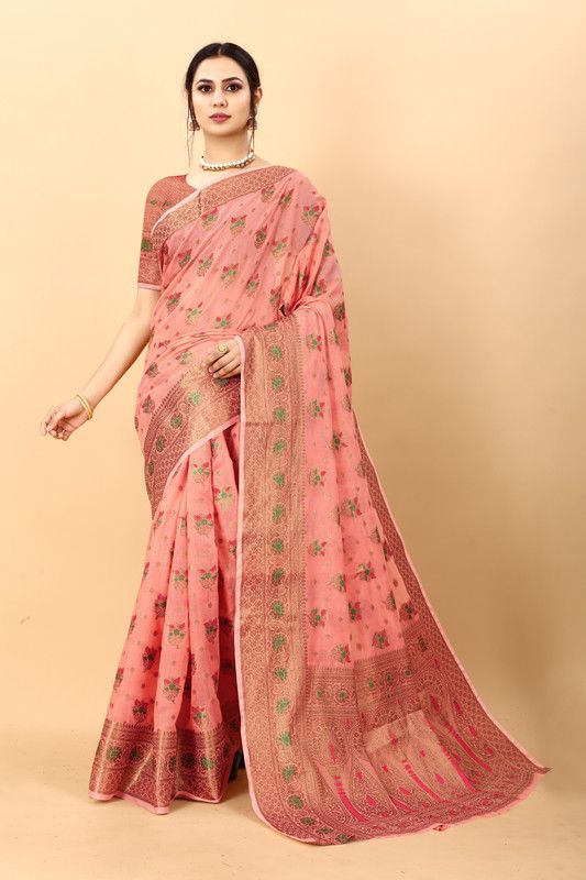 Printed, Self Design, Woven, Floral Print Kanjivaram Jacquard, Cotton Silk Saree  (Orange)