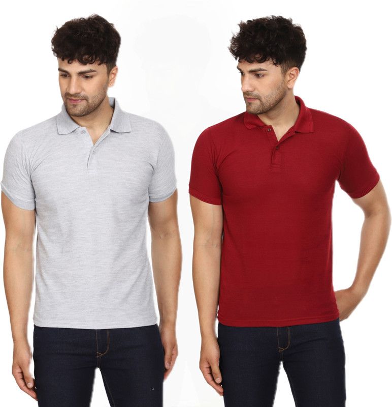 Pack of 2 Men Solid Polo Neck Polyester Maroon, Grey T-Shirt
