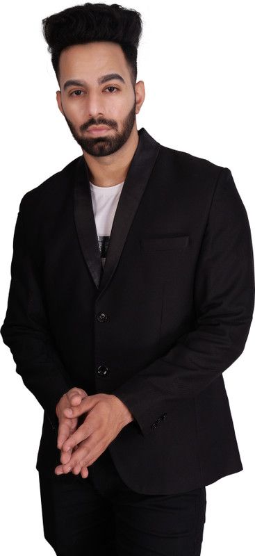 Men Solid Tuxedo Style Party Blazer  (Black)