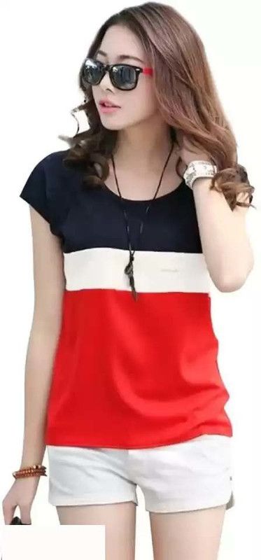 Casual Regular Sleeves Color Block Women Red, Blue Top