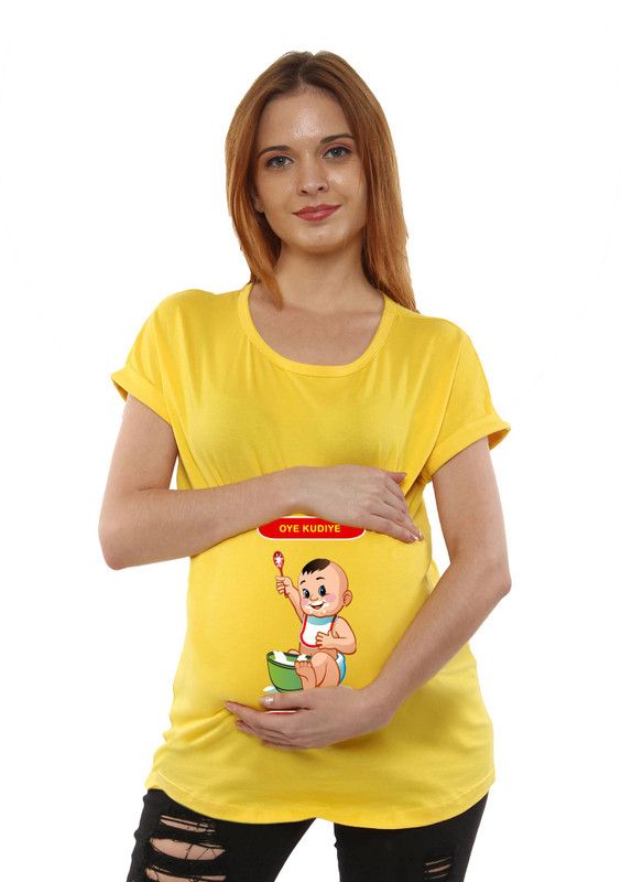 Sillyboom Maternity FIRST TIME MOMMY Print Design T-Shirt for Pregnant Women Women Graphic Print Round Neck Cotton Blend Yellow T-Shirt