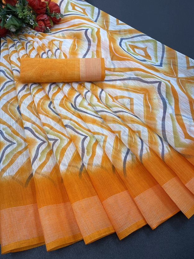 Printed Banarasi Cotton Linen Saree  (Orange)