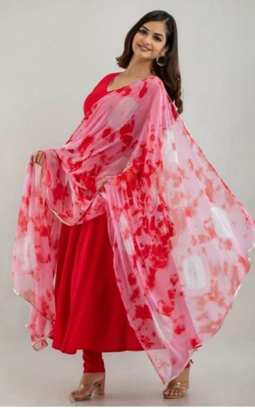 Pack of 2 Women Solid Viscose Rayon Anarkali Kurta With Attached Dupatta  (Red)