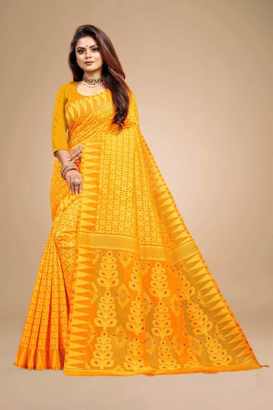 Woven Jamdani Cotton Blend Saree  (Mustard)