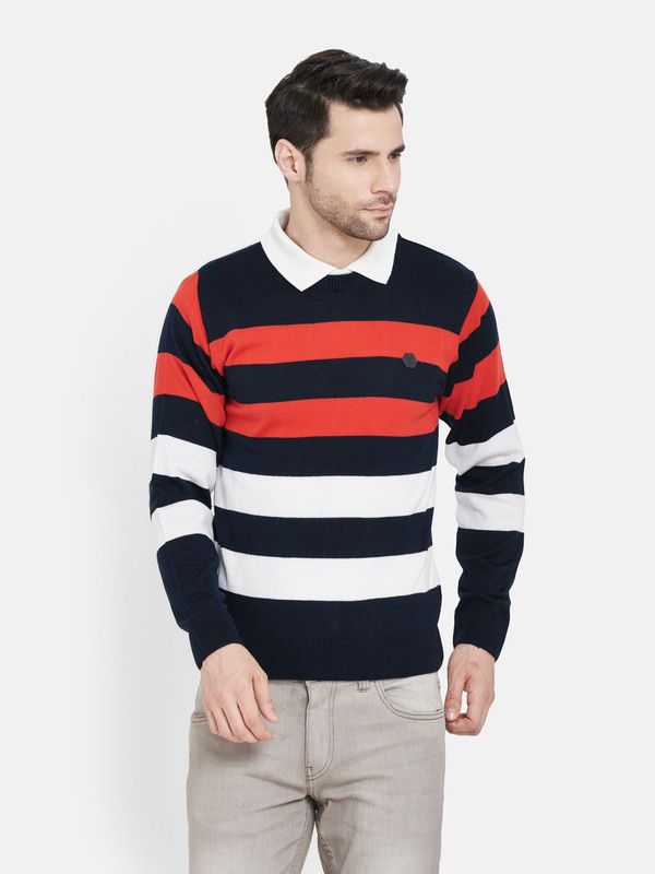 Men Striped Round Neck Blue, Red, White Sweater